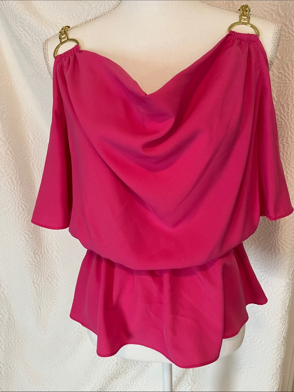 Thalia Sodi Hot Pink Draped Off-Shoulder Blouse with Gold Ring Straps